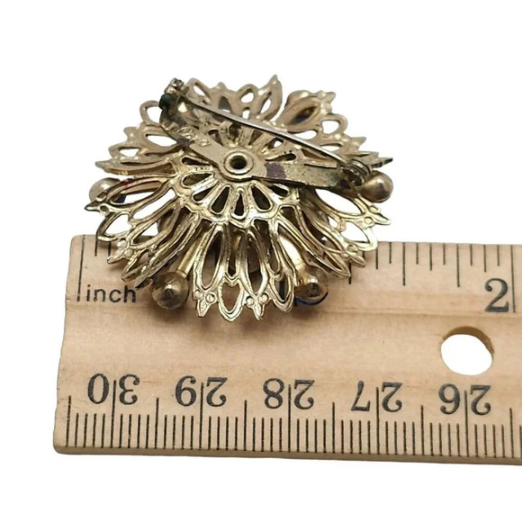 Coro Blue Green Rhinestone Crystal Openwork Flower Brooch Pin Gold Tone Vintage - Picture 4 of 4